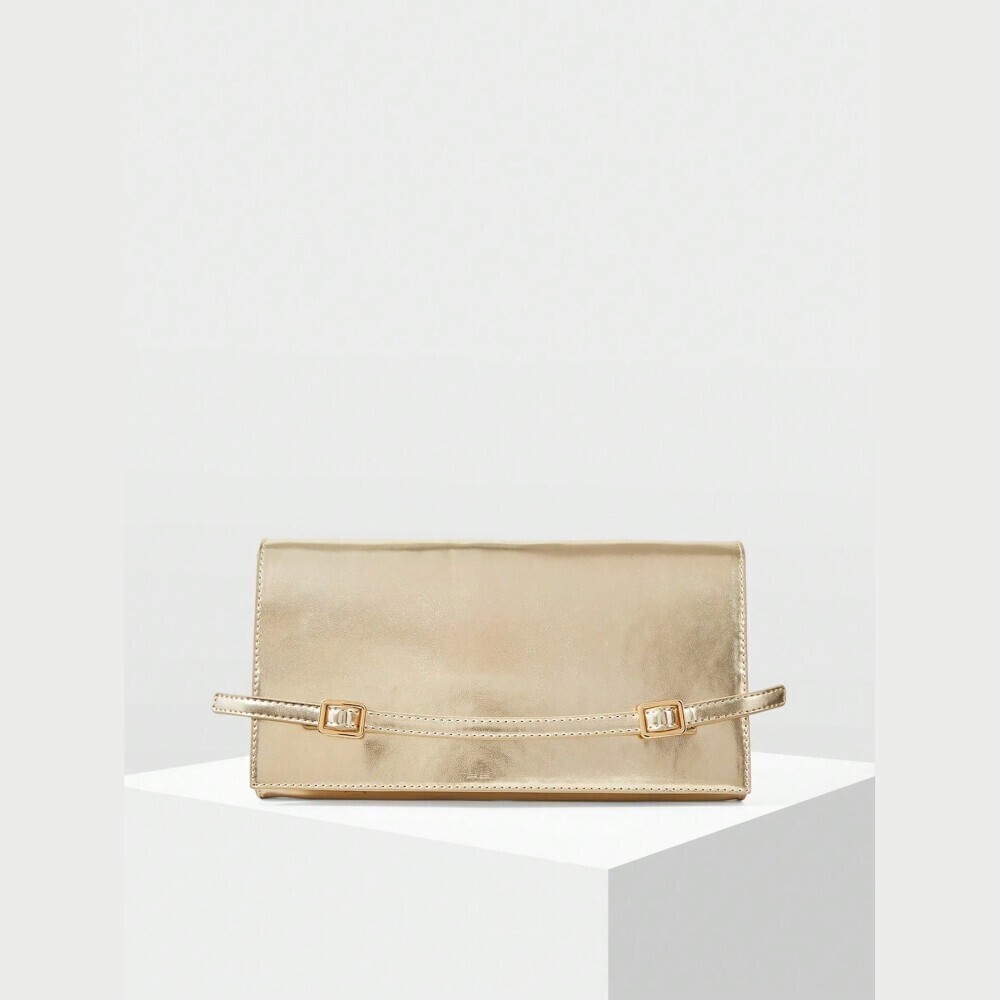 Gold Metallic Foldover Clutch with Buckle Strap Detail